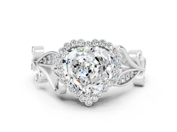 Platinum Heart Cut Moissanite Halo Ring with Vintage Split Shank and Four-Prong Setting