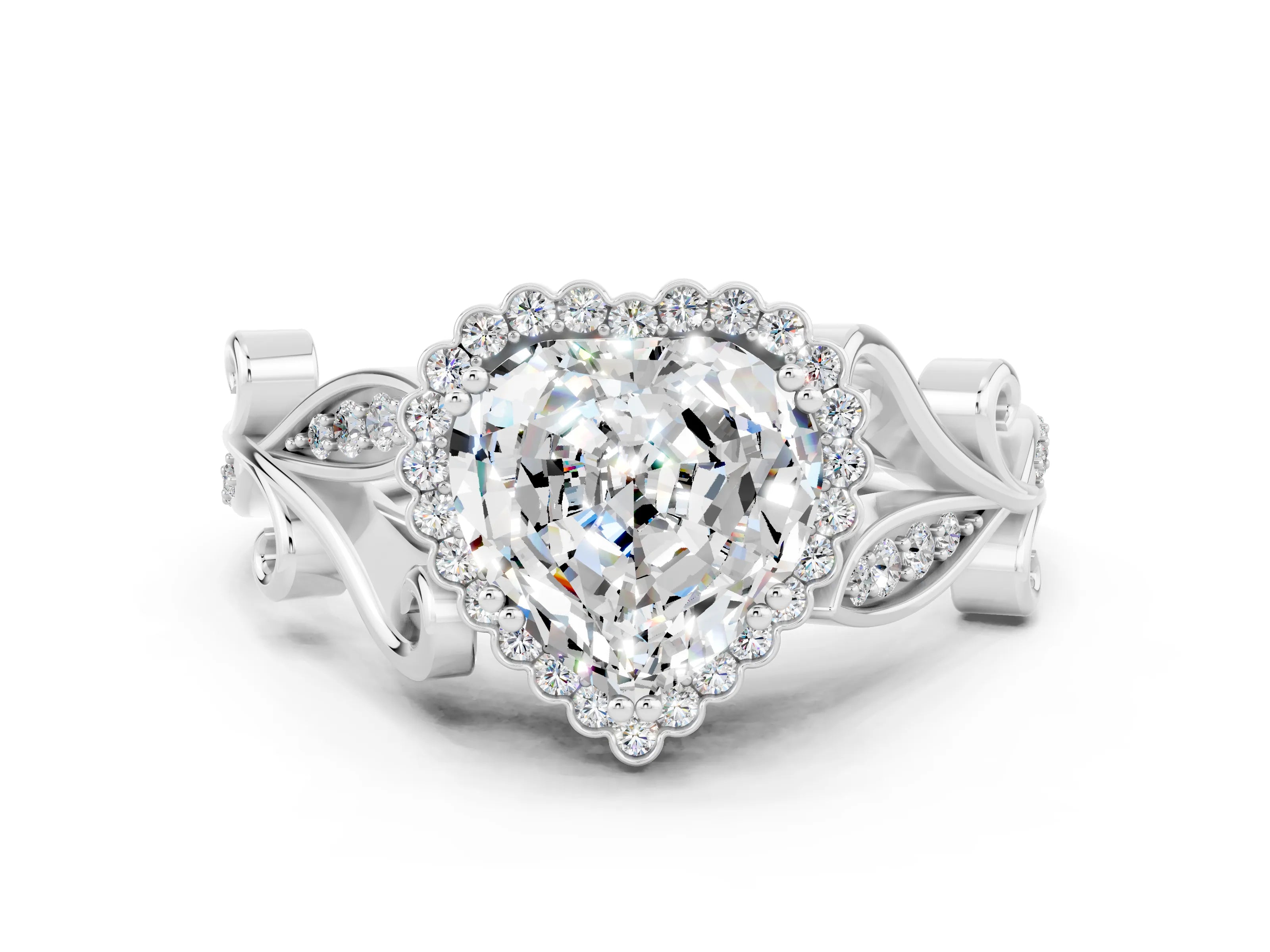 White gold Heart Cut Moissanite Halo Ring with Vintage Split Shank and Four-Prong Setting_24
