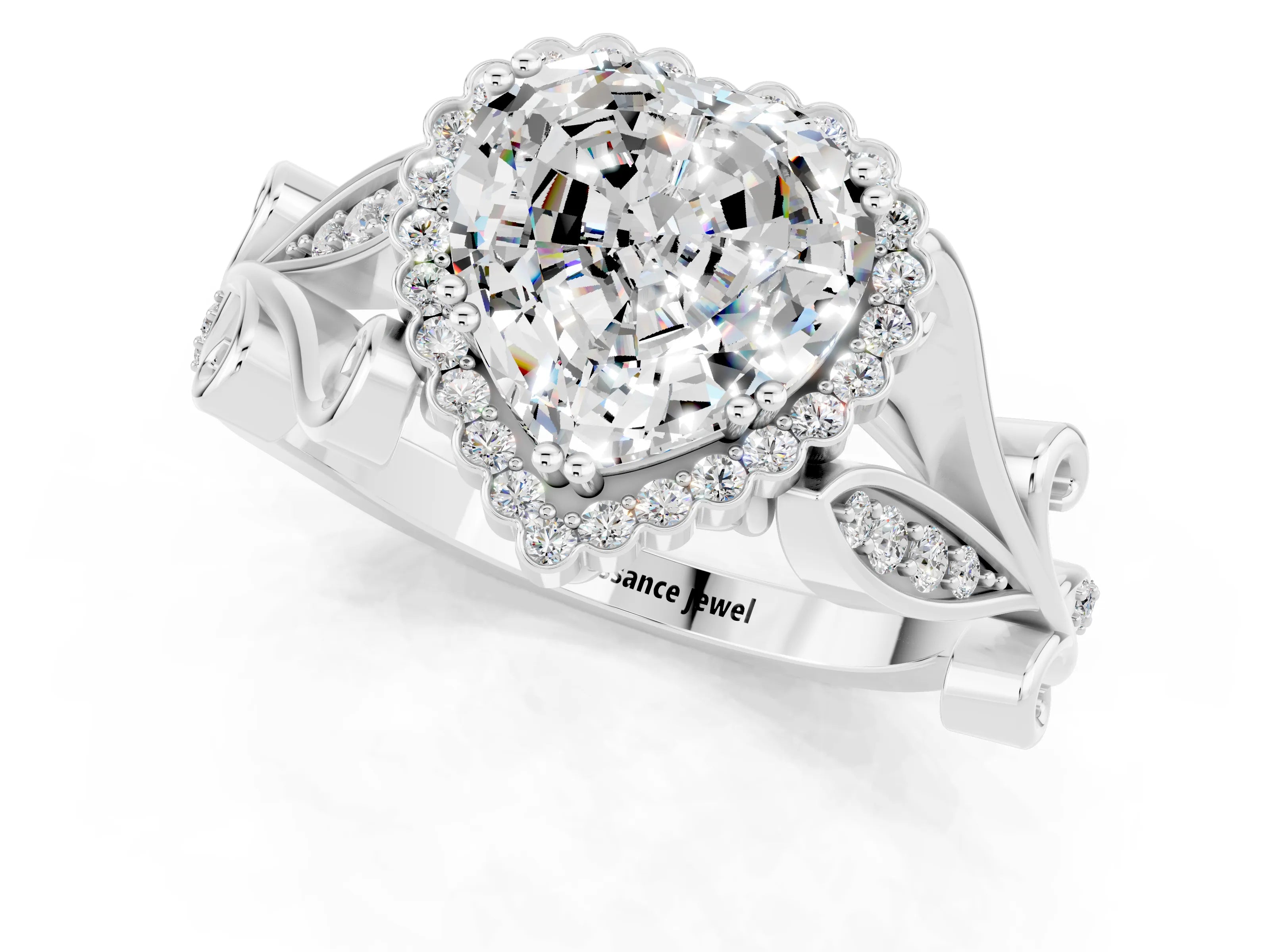White gold Heart Cut Moissanite Halo Ring with Vintage Split Shank and Four-Prong Setting_25