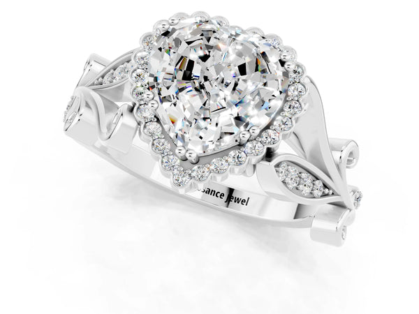 Silver Heart Cut Moissanite Halo Ring with Vintage Split Shank and Four-Prong Setting