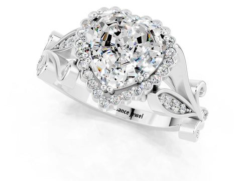 White gold Heart Cut Moissanite Halo Ring with Vintage Split Shank and Four-Prong Setting_25