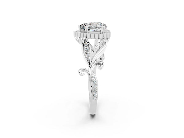 White gold Heart Cut Moissanite Halo Ring with Vintage Split Shank and Four-Prong Setting