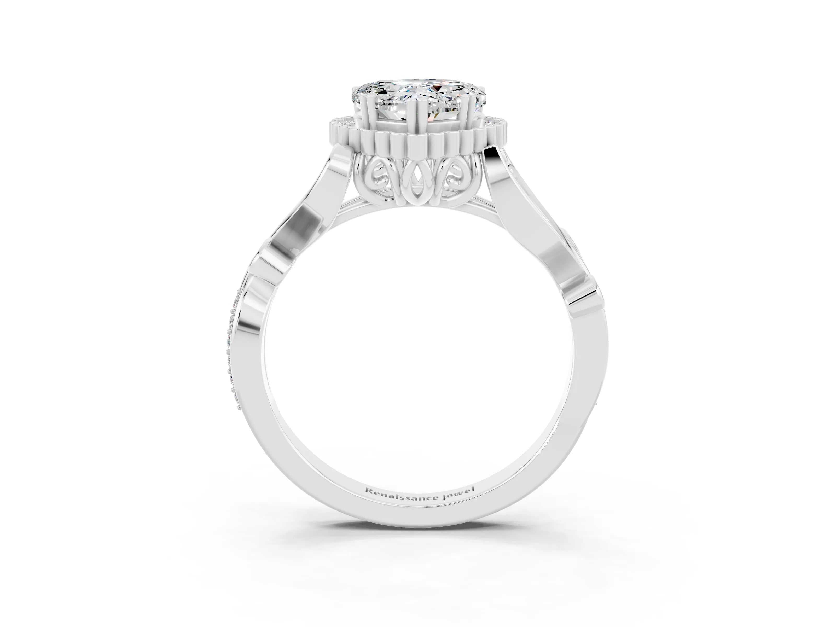 White gold Heart Cut Moissanite Halo Ring with Vintage Split Shank and Four-Prong Setting_27