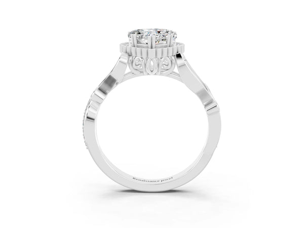 Silver Heart Cut Moissanite Halo Ring with Vintage Split Shank and Four-Prong Setting