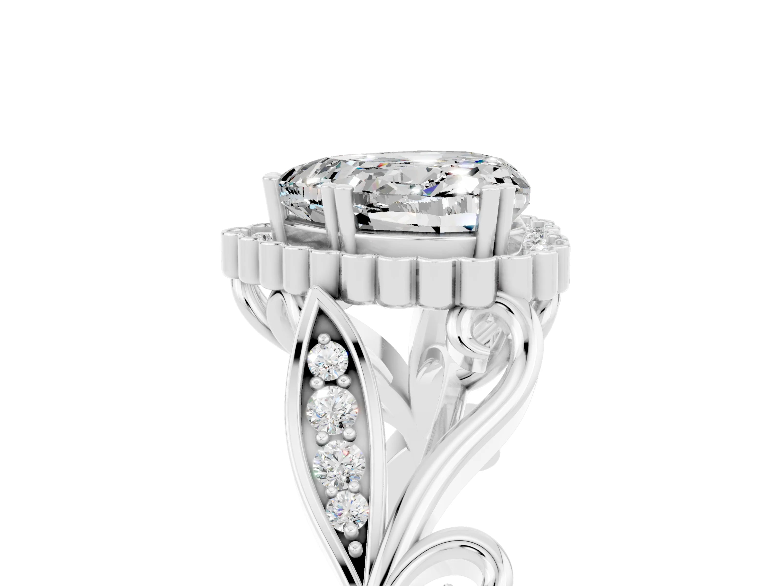 White gold Heart Cut Moissanite Halo Ring with Vintage Split Shank and Four-Prong Setting_29