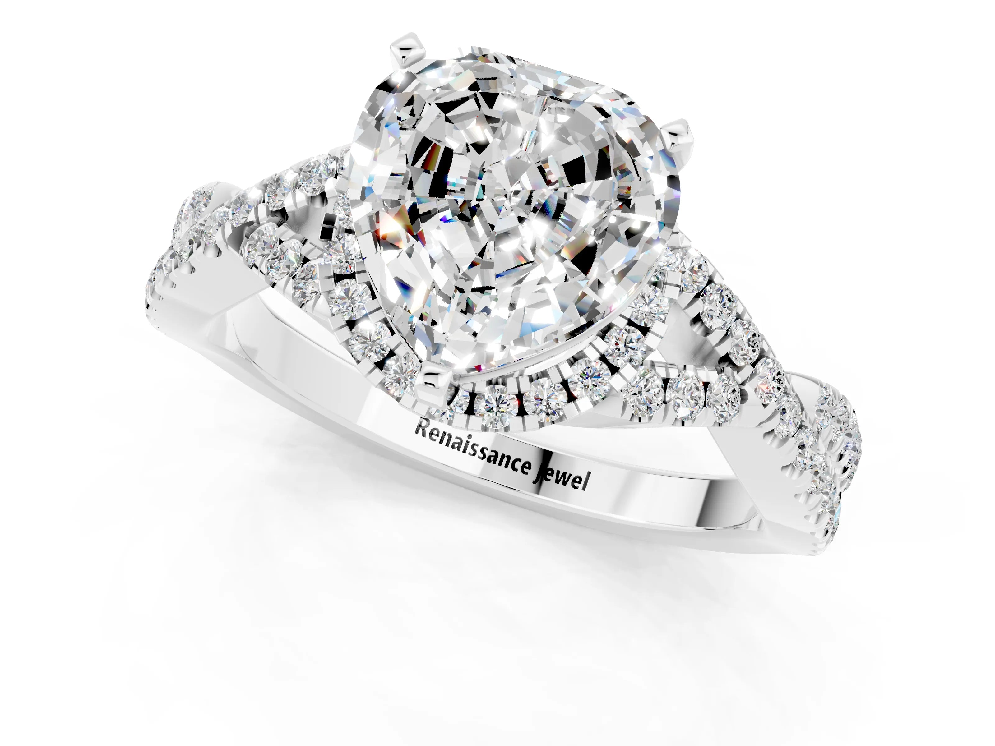 White gold Heart Cut Moissanite Halo Twist Band Solitaire Prong Setting Ring_1
