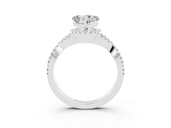Platinum Heart Cut Moissanite  Halo Twist Band Solitaire Prong Setting Ring