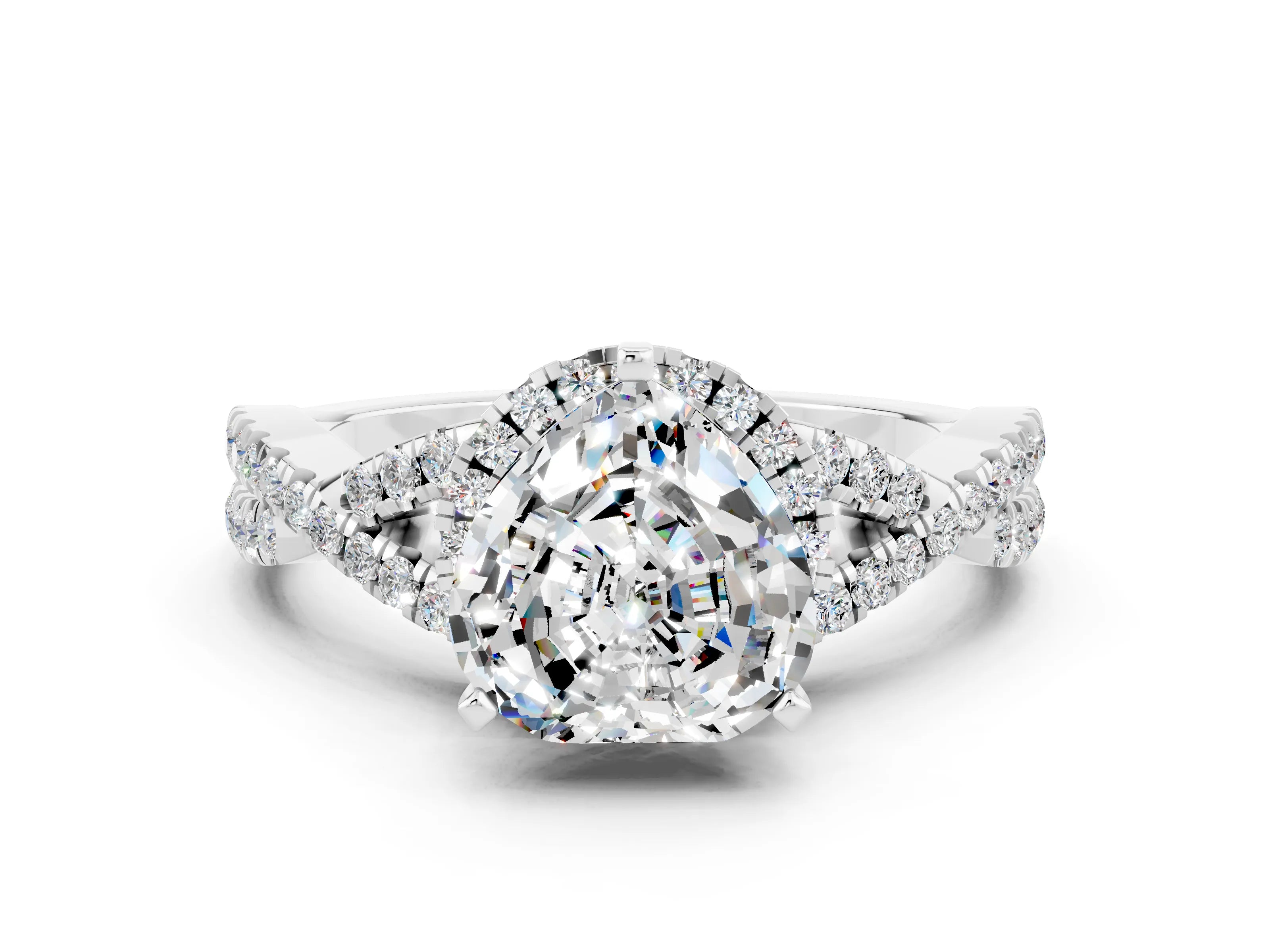 White gold Heart Cut Moissanite Halo Twist Band Solitaire Prong Setting Ring