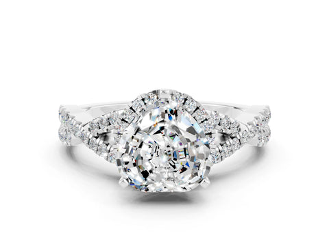 White gold Heart Cut Moissanite Halo Twist Band Solitaire Prong Setting Ring