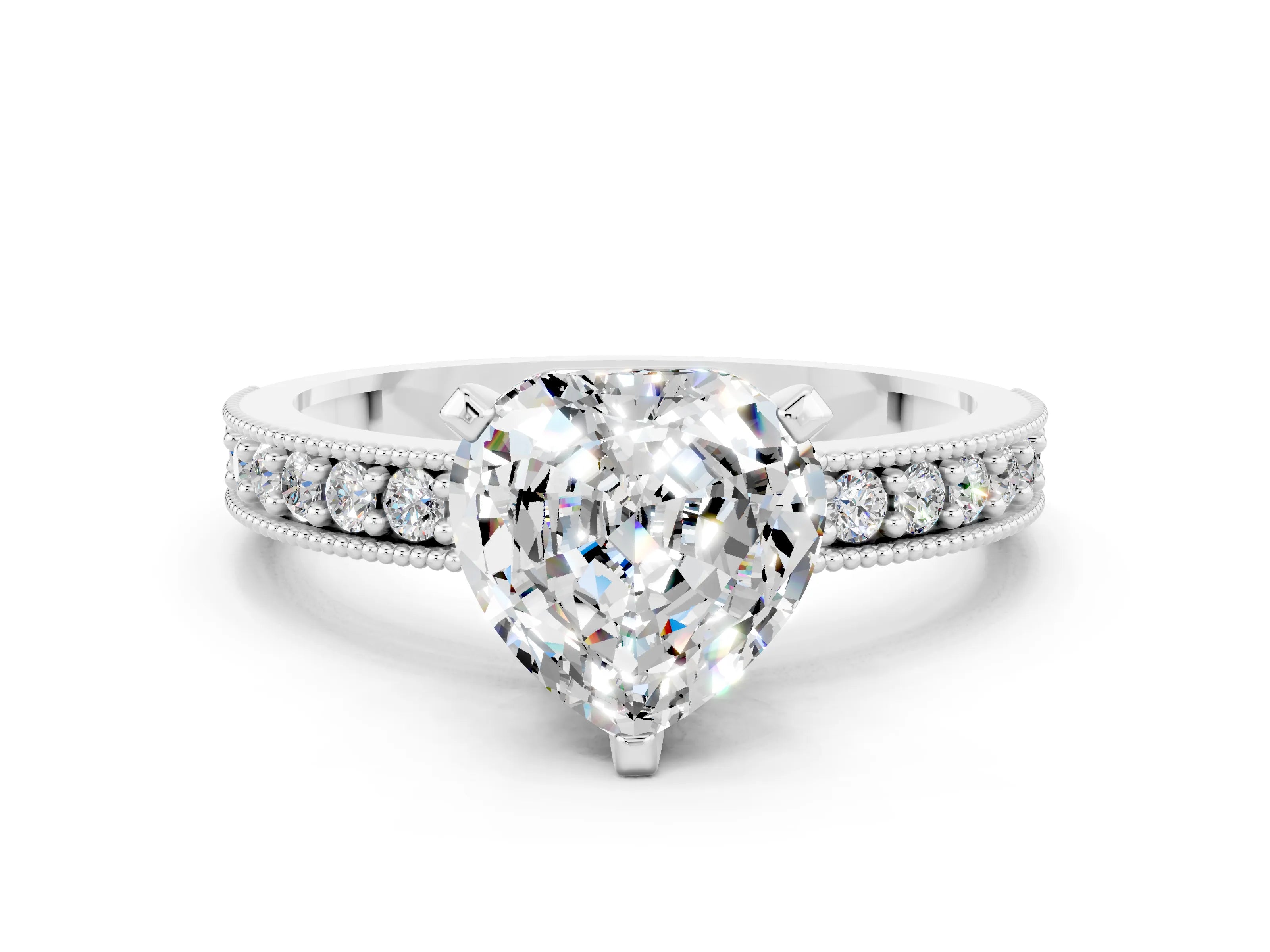 White gold Heart Cut Moissanite Milgrain Pavé Engagement Ring with Four-Prong Setting_12