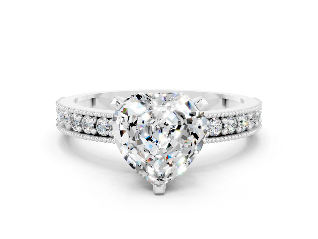 White gold Heart Cut Moissanite Milgrain Pavé Engagement Ring with Four-Prong Setting_12