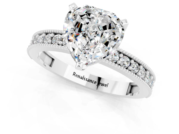 White gold Heart Cut Moissanite Milgrain Pavé Engagement Ring with Four-Prong Setting
