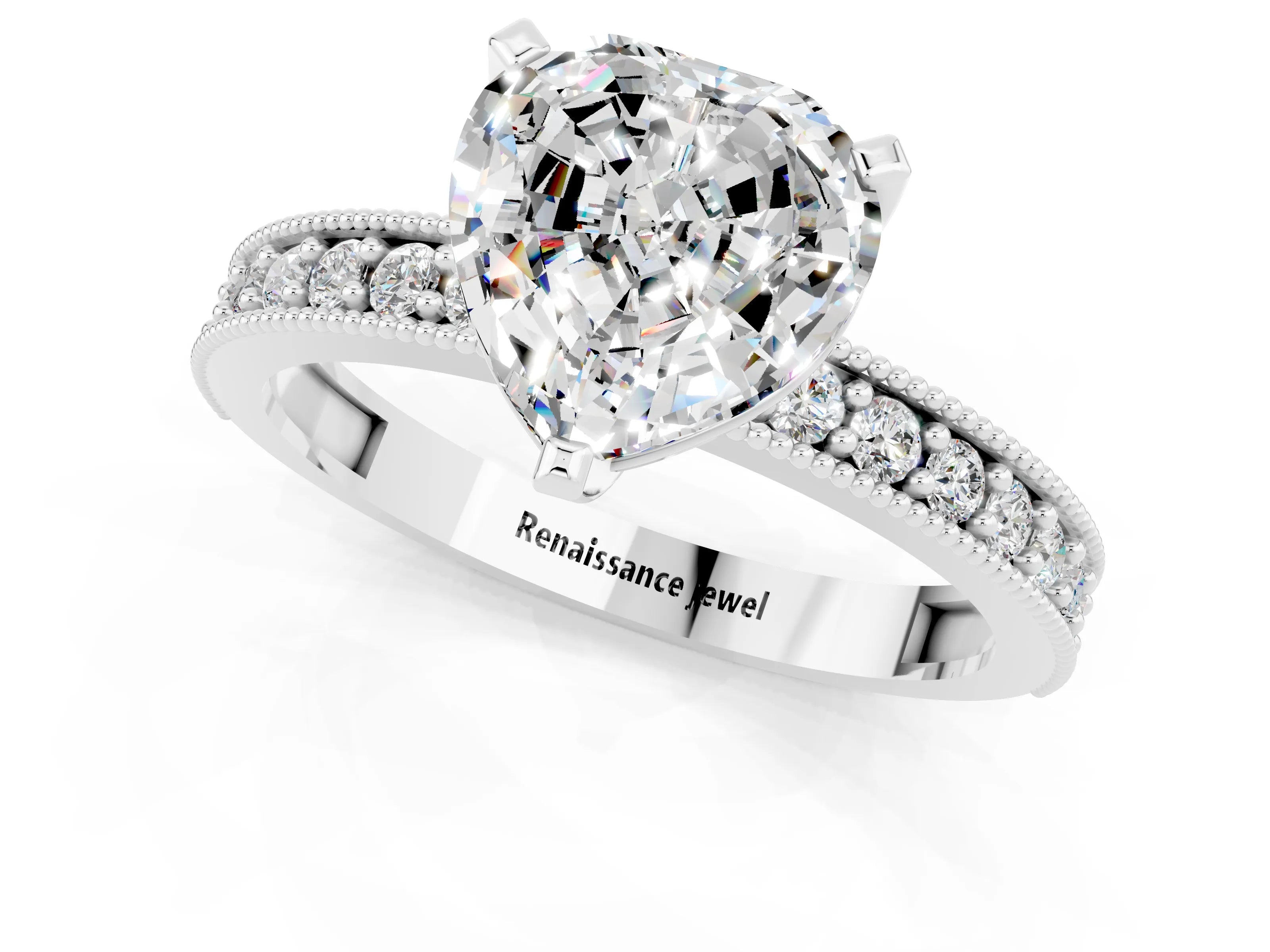 White gold Heart Cut Moissanite Milgrain Pavé Engagement Ring with Four-Prong Setting_13