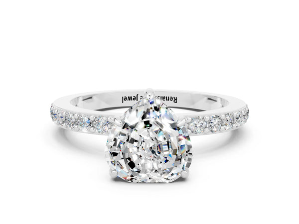 Platinum Heart Cut Moissanite Pavé Engagement Ring with Round  Accents and Prong Setting