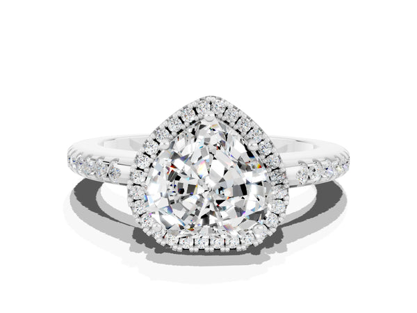 White gold Heart Cut Moissanite Pavé Halo Ring with Four-Prong Setting