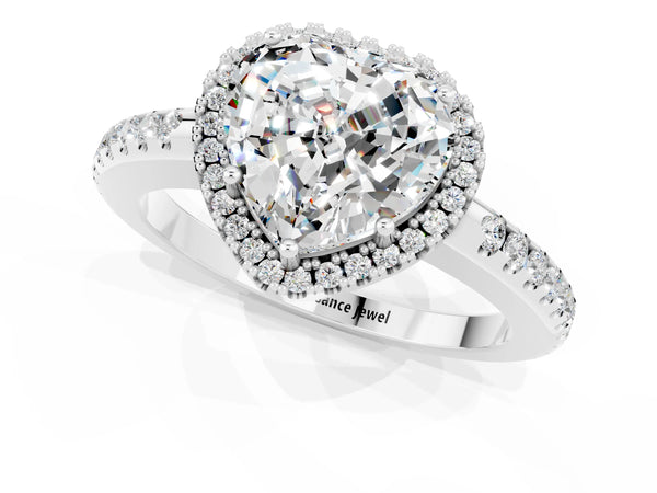 Silver Heart Cut Moissanite Pavé Halo Ring with Four-Prong Setting