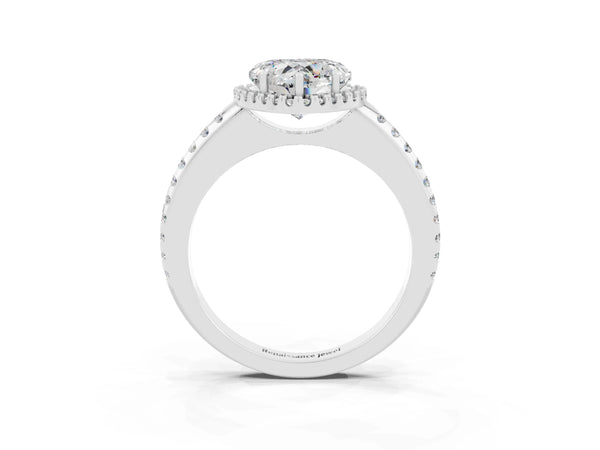 Platinum Heart Cut Moissanite Pavé Halo Ring with Four-Prong Setting