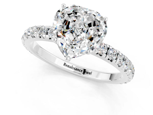 Silver Heart Cut Moissanite Pavé Solitaire Engagement Ring with Four-Prong Setting