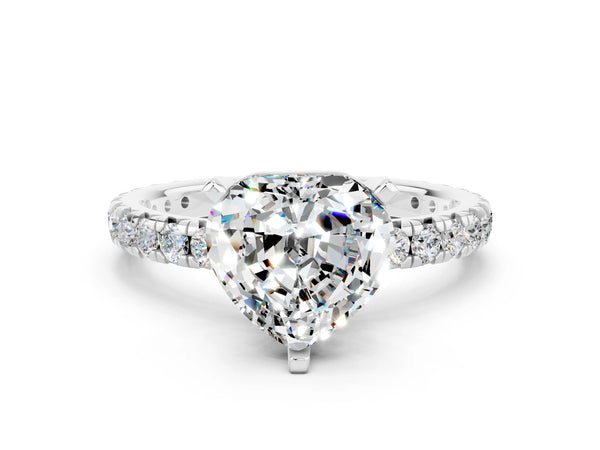 Platinum Heart Cut Moissanite Pavé Solitaire Ring with Round Band and Prong Setting