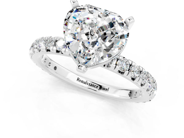 Platinum Heart Cut Moissanite Pavé Solitaire Ring with Round Band and Prong Setting