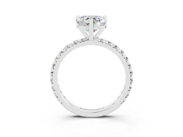 Silver Heart Cut Moissanite Pavé Solitaire Ring with Round Band and Prong Setting