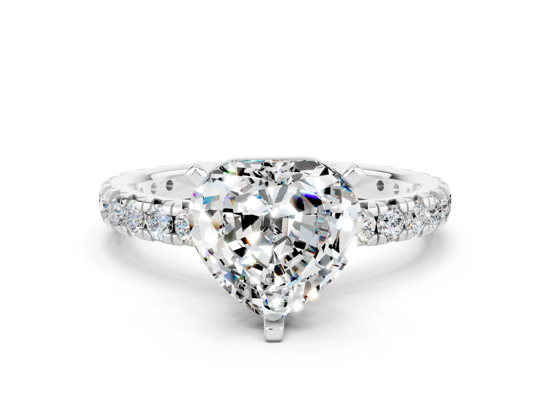 White gold Heart Cut Moissanite Pavé Solitaire Ring with Round Band and Prong Setting_36