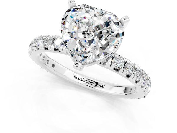 White gold Heart Cut Moissanite Pavé Solitaire Ring with Round Band and Prong Setting