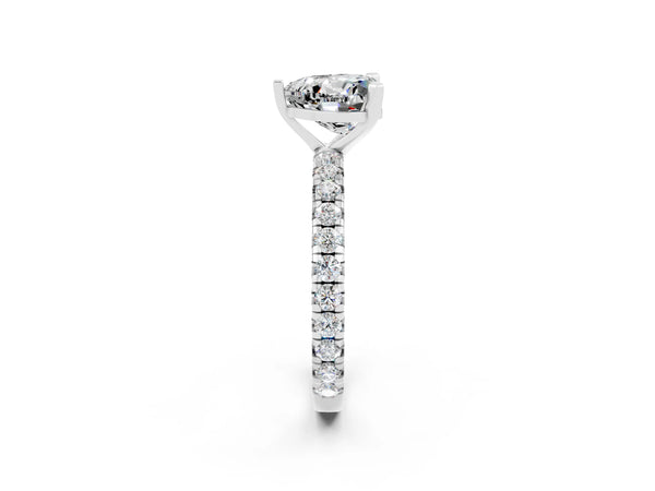 White gold Heart Cut Moissanite Pavé Solitaire Ring with Round Band and Prong Setting