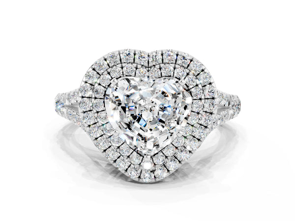 Platinum Heart Cut Moissanite Pavé Split Shank Double Halo Engagement Ring