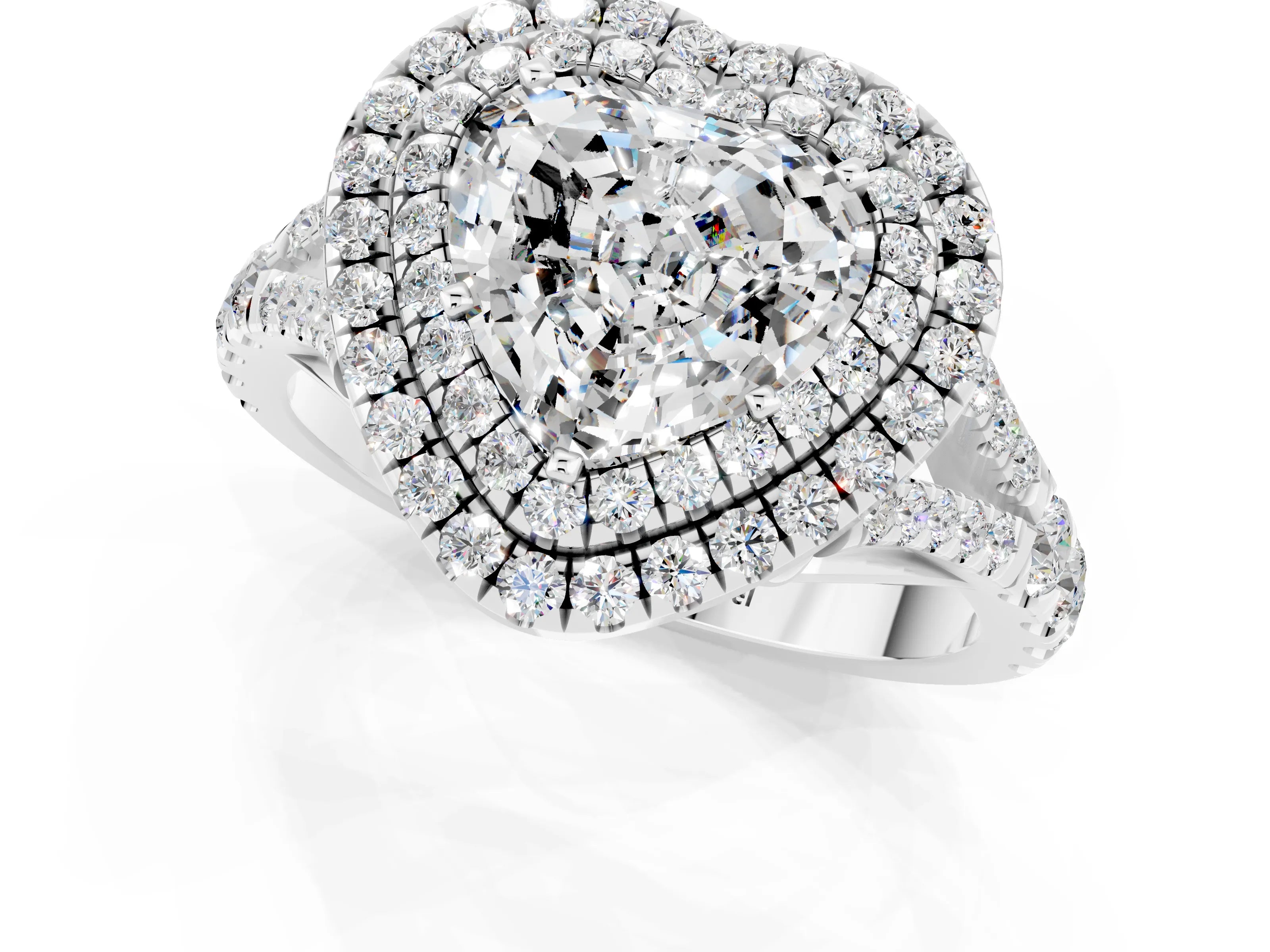 White gold Heart Cut Moissanite Pavé Split Shank Double Halo Engagement Ring_1