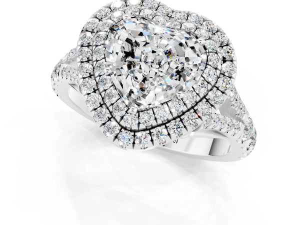 White gold Heart Cut Moissanite Pavé Split Shank Double Halo Engagement Ring