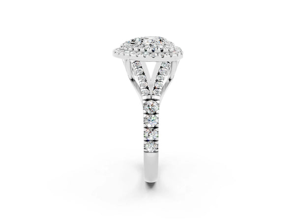 Silver Heart Cut Moissanite Pavé Split Shank Double Halo Engagement Ring