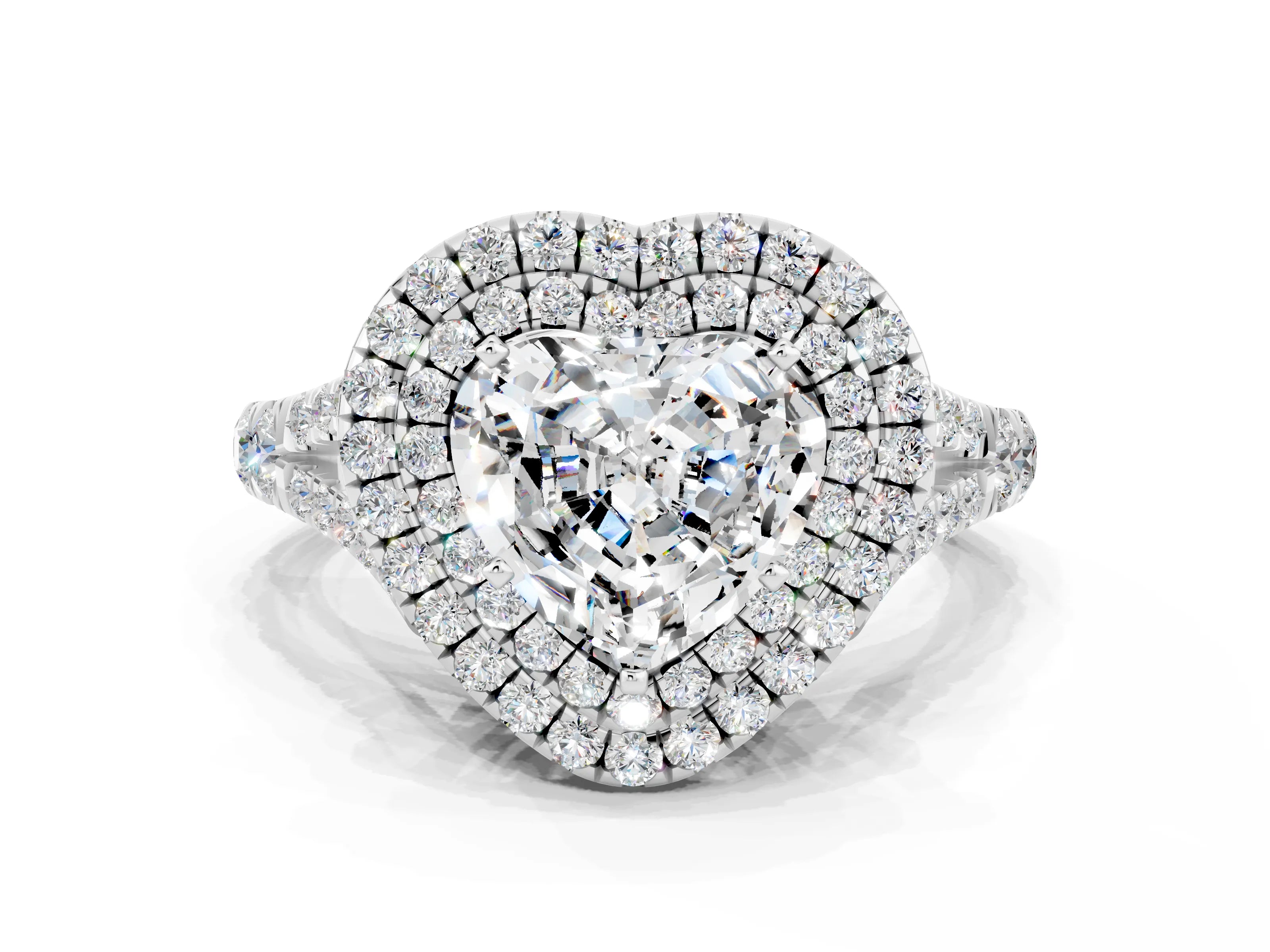 White gold Heart Cut Moissanite Pavé Split Shank Double Halo Engagement Ring