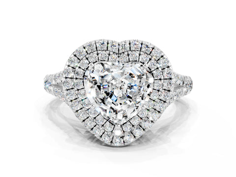 White gold Heart Cut Moissanite Pavé Split Shank Double Halo Engagement Ring