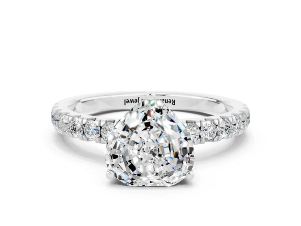 Platinum Heart Cut Moissanite Pave Band Solitaire Ring with Round  and Prong Setting