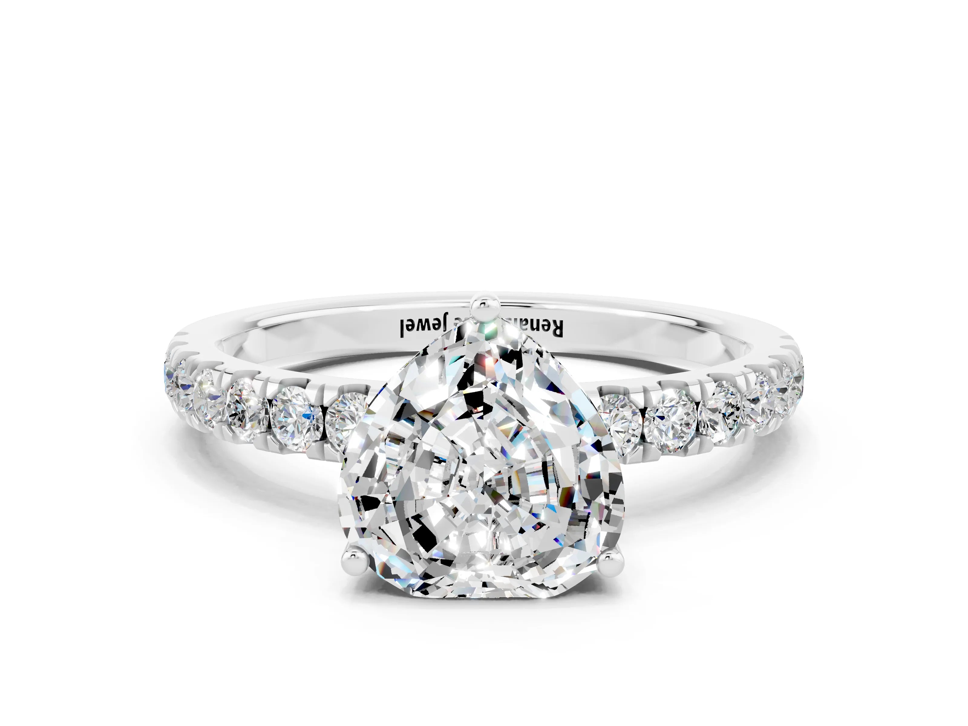 White gold Heart Cut Moissanite Pave Band Solitaire Ring with Four-Prong Setting_24