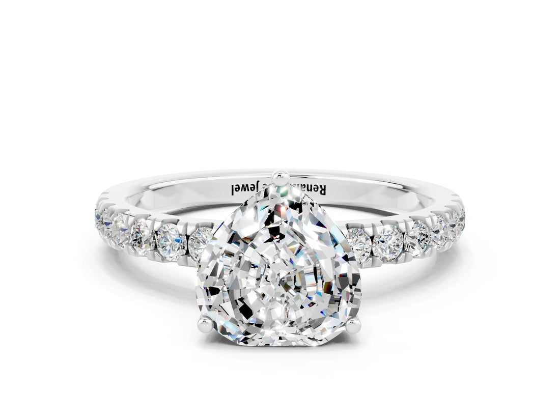 White gold Heart Cut Moissanite Pave Band Solitaire Ring with Four-Prong Setting_24