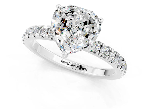 Platinum Heart Cut Moissanite Pave Band Solitaire Ring with Round  and Prong Setting