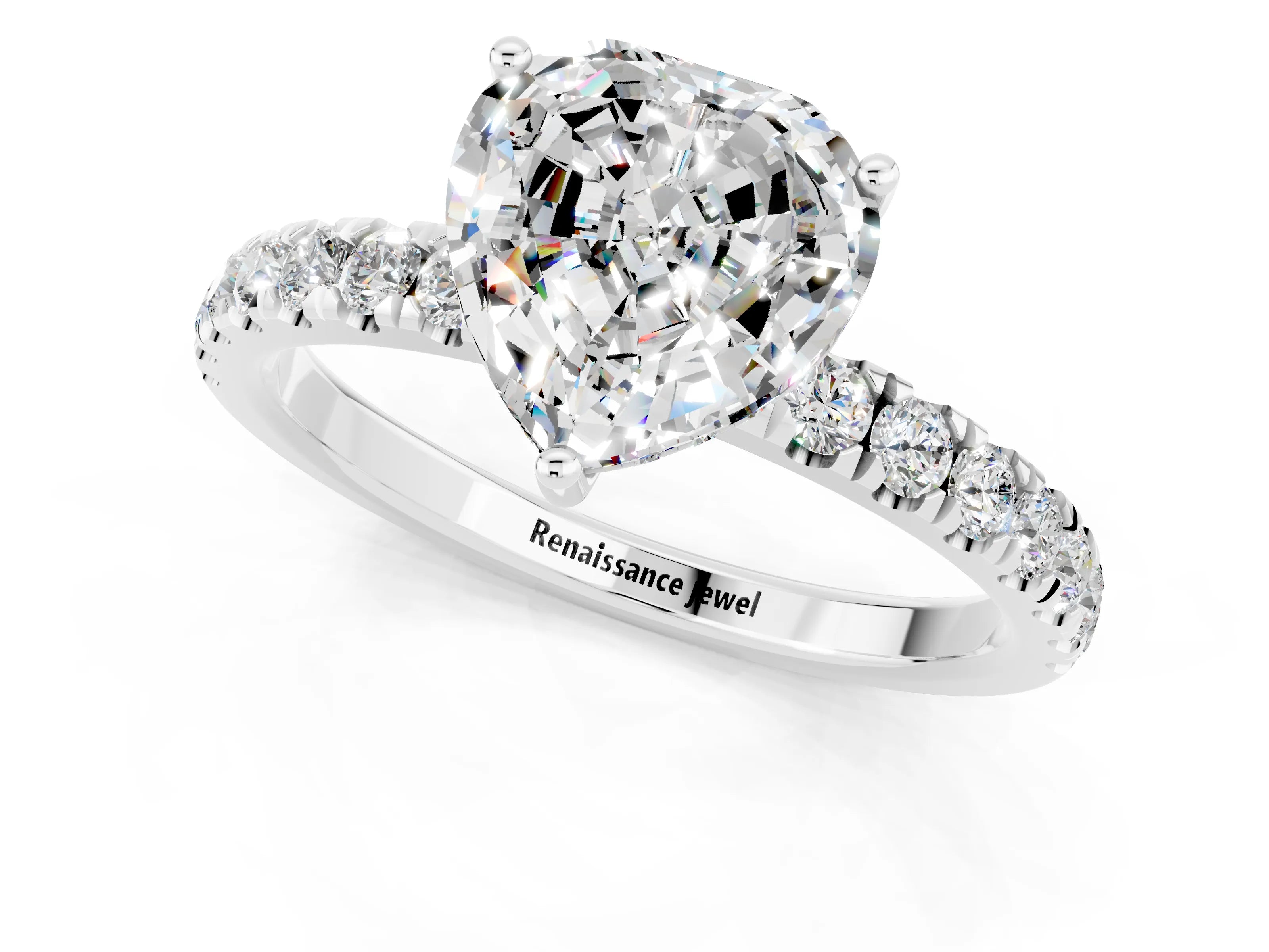 White gold Heart Cut Moissanite Pave Band Solitaire Ring with Four-Prong Setting_25