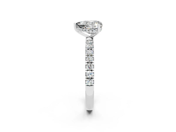 White gold Heart Cut Moissanite Pave Band Solitaire Ring with Round  and Prong Setting