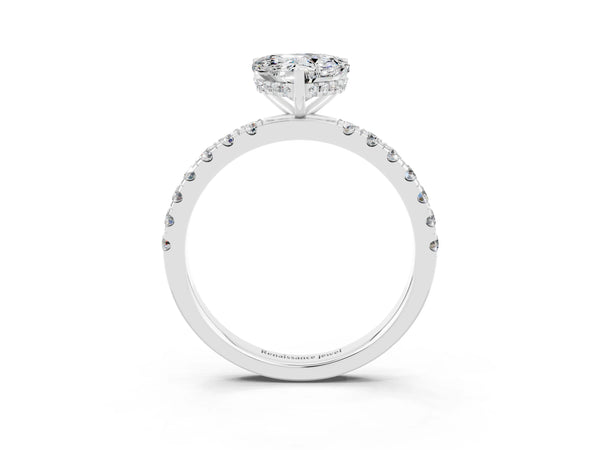 Platinum Heart Cut Moissanite Pave Band Solitaire Ring with Round  and Prong Setting