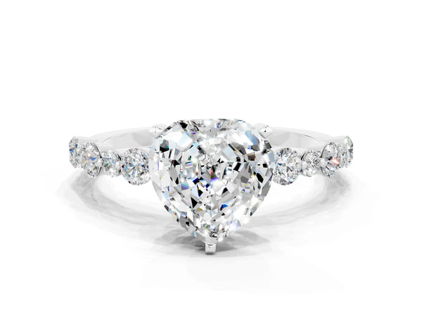 Platinum Heart Cut Moissanite Prong Set Engagement Ring with Pavé Band