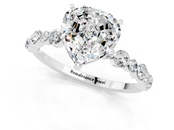 Silver Heart Cut Moissanite Prong Set Engagement Ring with Pavé Band
