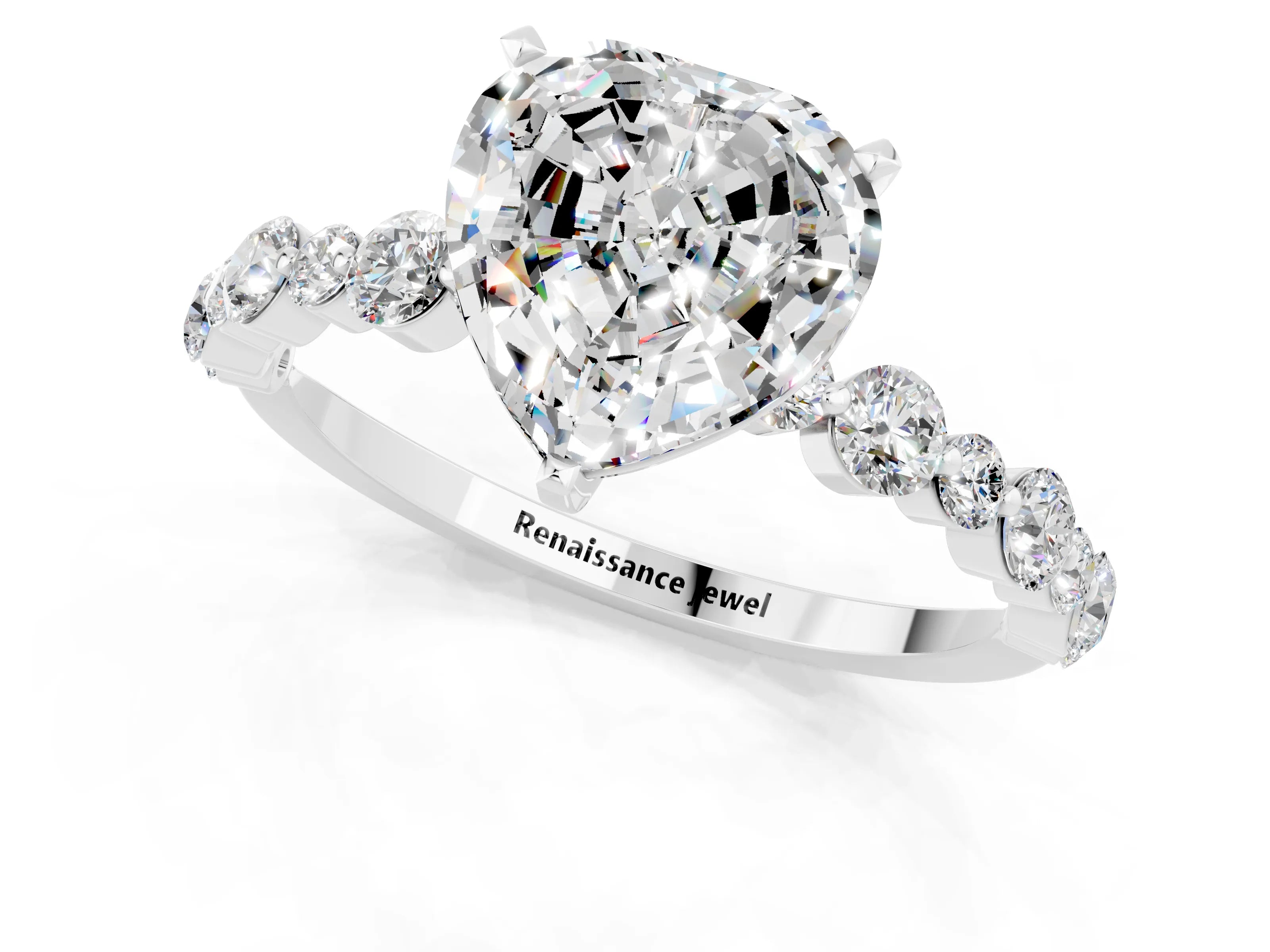 White gold Heart Cut Moissanite Prong Set Engagement Ring with Pavé Band_1