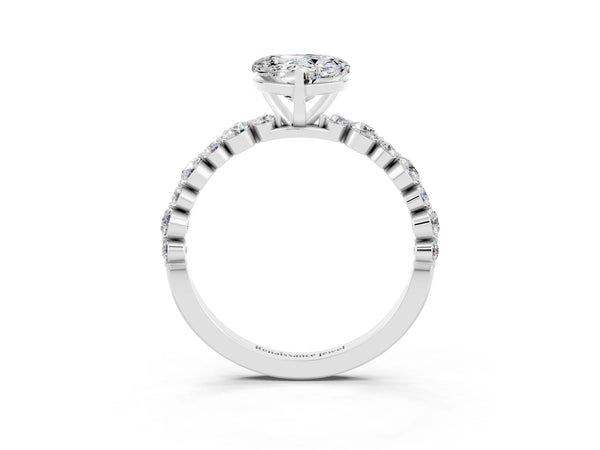 Platinum Heart Cut Moissanite Prong Set Engagement Ring with Pavé Band
