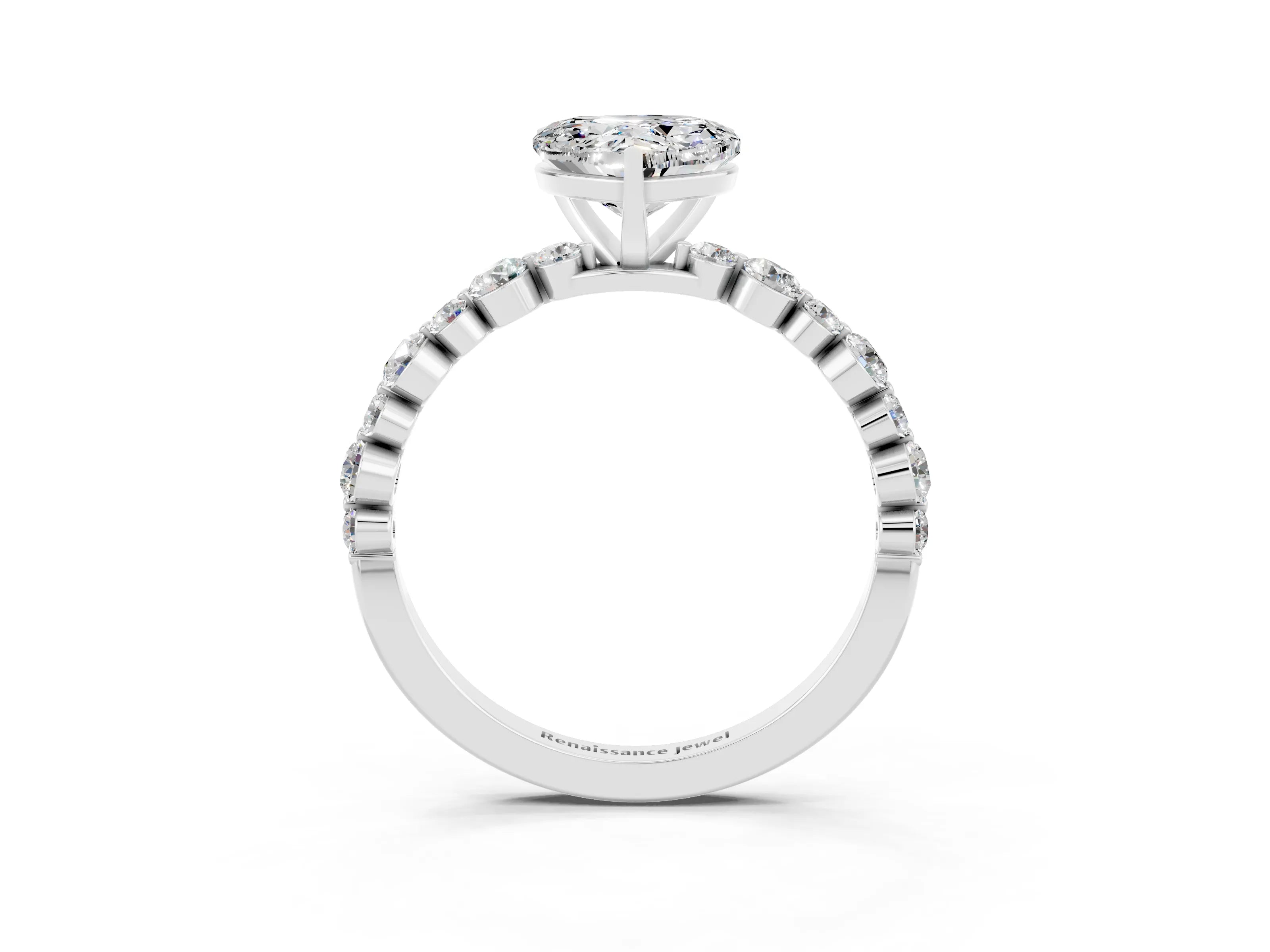 White gold Heart Cut Moissanite Prong Set Engagement Ring with Pavé Band_3