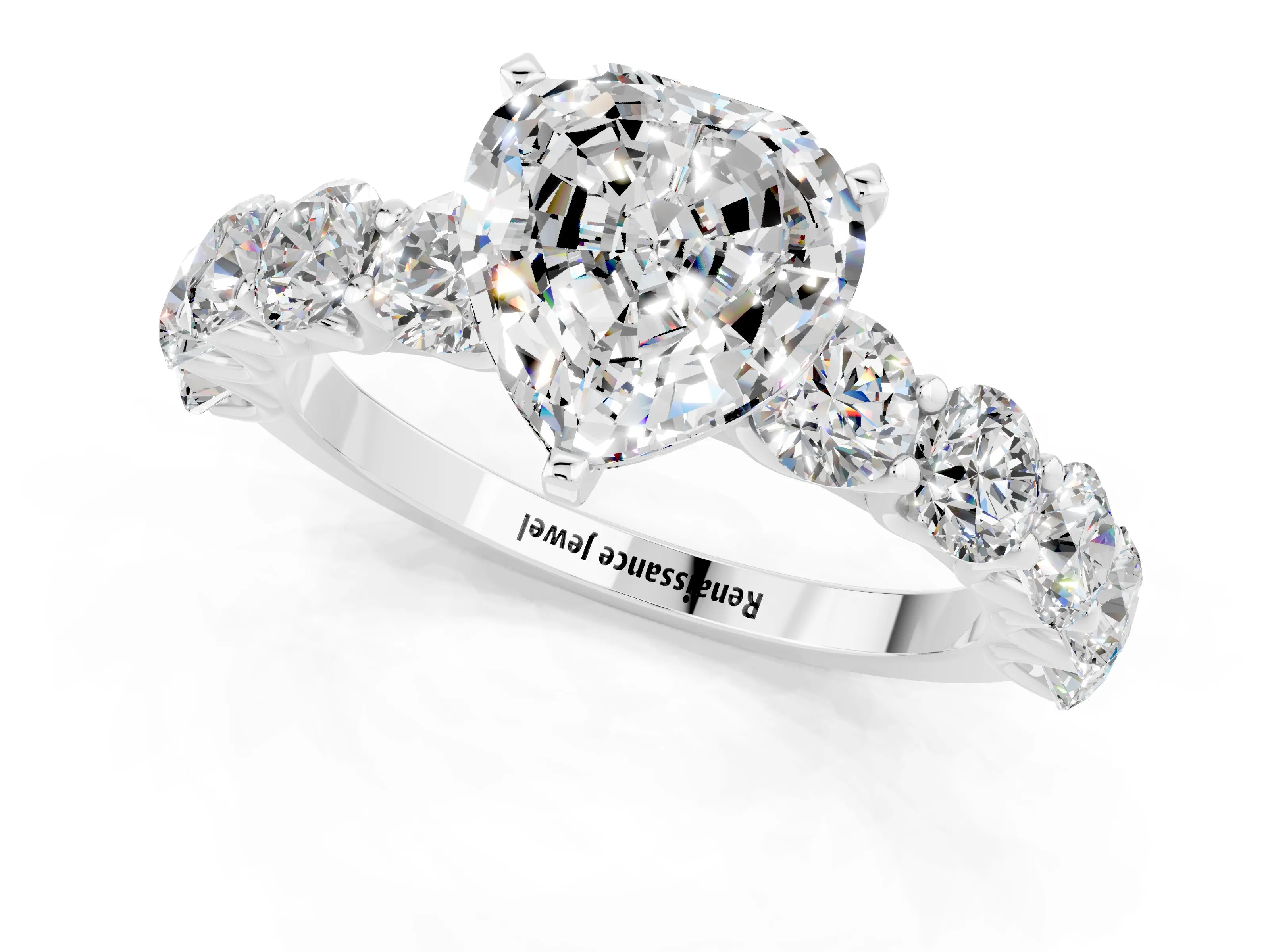 White gold Heart Cut Moissanite Prong Setting with Side Stones on a Pave Band_1