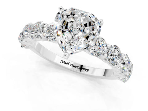 White gold Heart Cut Moissanite Prong Setting with Side Stones on a Pave Band_1