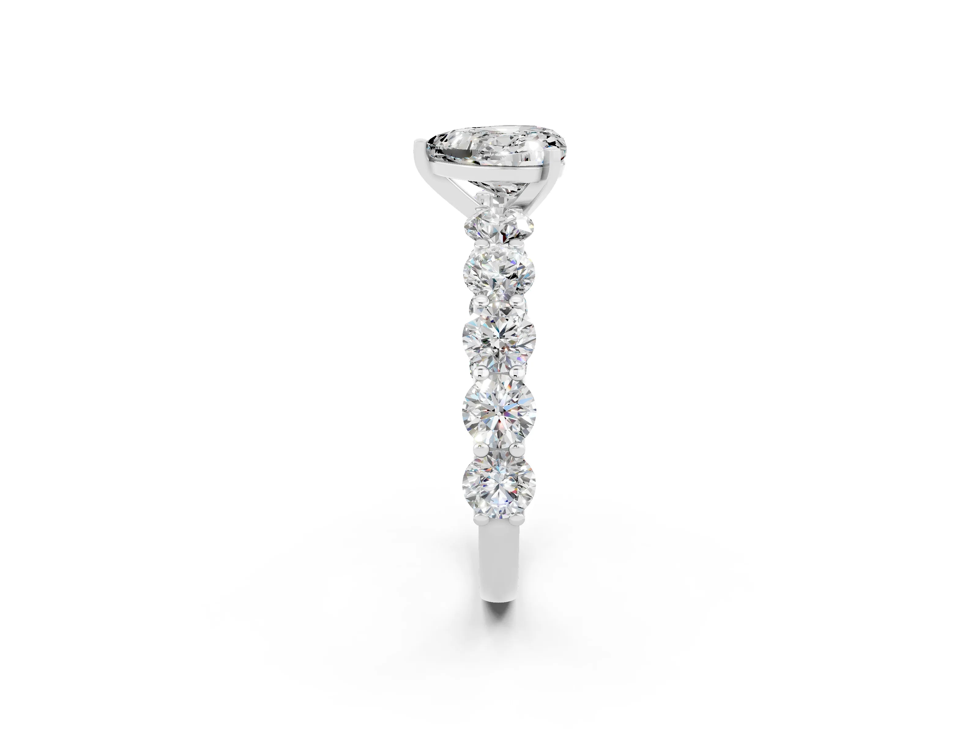 White gold Heart Cut Moissanite Prong Setting with Side Stones on a Pave Band_2