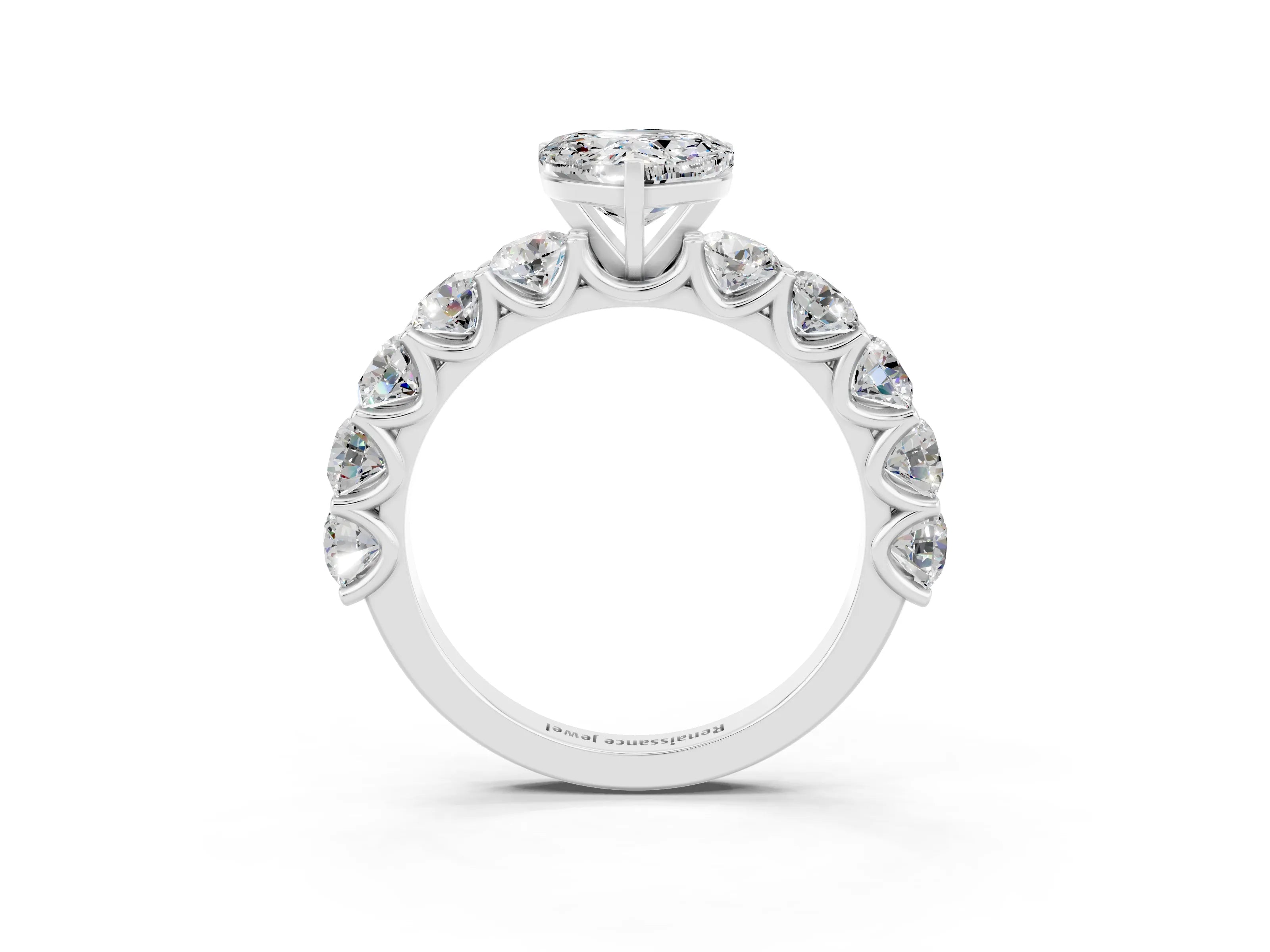 White gold Heart Cut Moissanite Prong Setting with Side Stones on a Pave Band_3